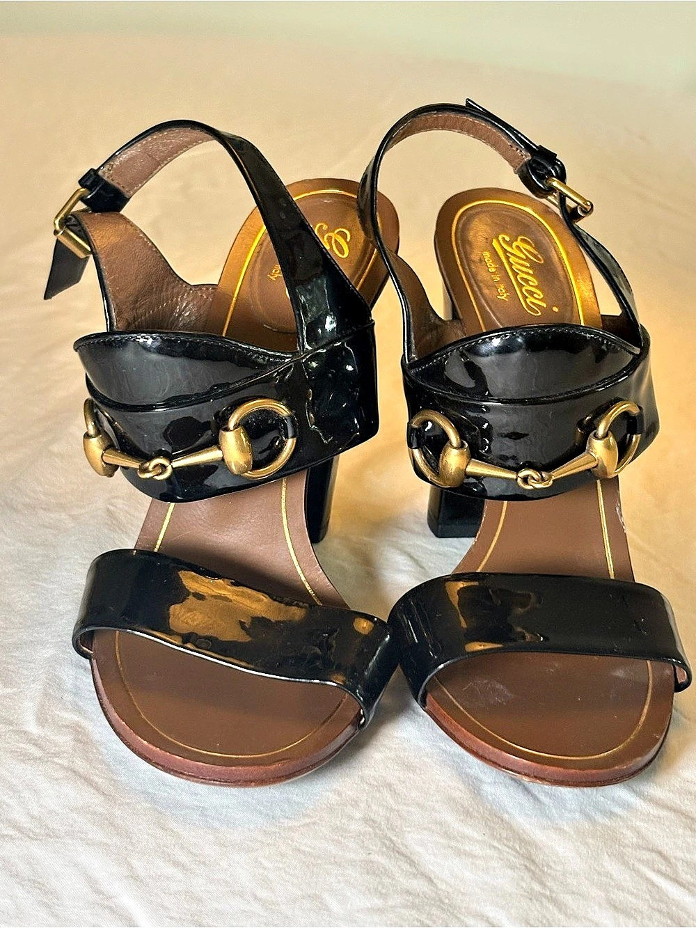 Gucci Patent Leather Horsebit Slingback Heels Black EU 36.5